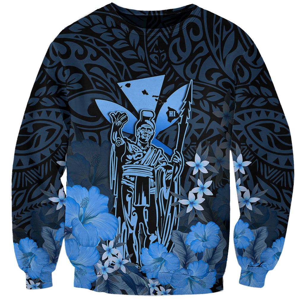 Personalised King Kamehameha Day Hawaii Sweatshirt Polynesia Tribal Kanaka And Hibiscus Blue LT14 Unisex Blue - Polynesian Pride