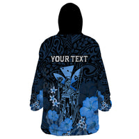 Personalised King Kamehameha Day Hawaii Wearable Blanket Hoodie Polynesia Tribal Kanaka And Hibiscus Blue LT14 - Polynesian Pride