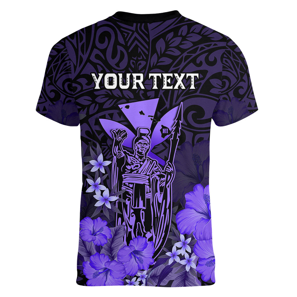 Personalised King Kamehameha Day Hawaii Women V Neck T Shirt Polynesia Tribal Kanaka And Hibiscus Purple LT14 - Polynesian Pride