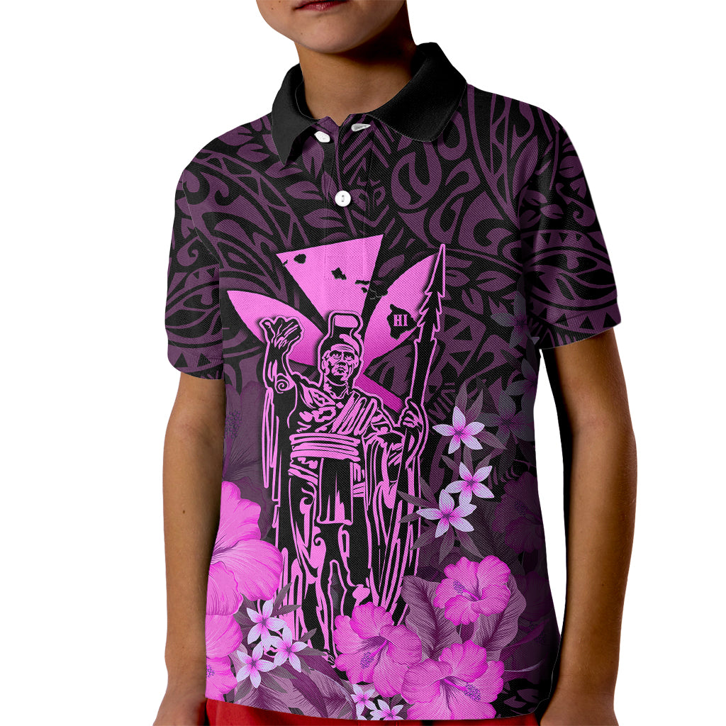 Personalised King Kamehameha Day Hawaii Kid Polo Shirt Polynesia Tribal Kanaka And Hibiscus Pink LT14 Kid Pink - Polynesian Pride