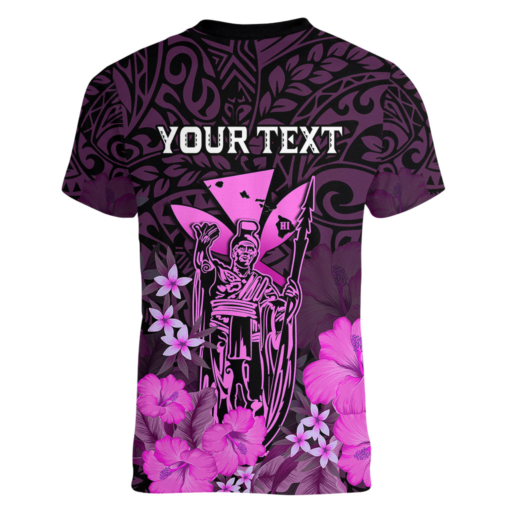 Personalised King Kamehameha Day Hawaii Women V Neck T Shirt Polynesia Tribal Kanaka And Hibiscus Pink LT14 - Polynesian Pride