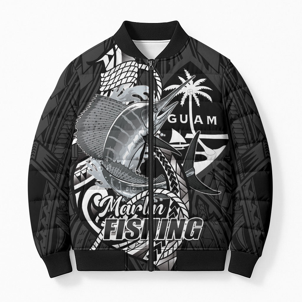 Guam Blue Marlin Fishing Bomber Puffer Jacket Guahan Fish Hook Tattoo Black Version