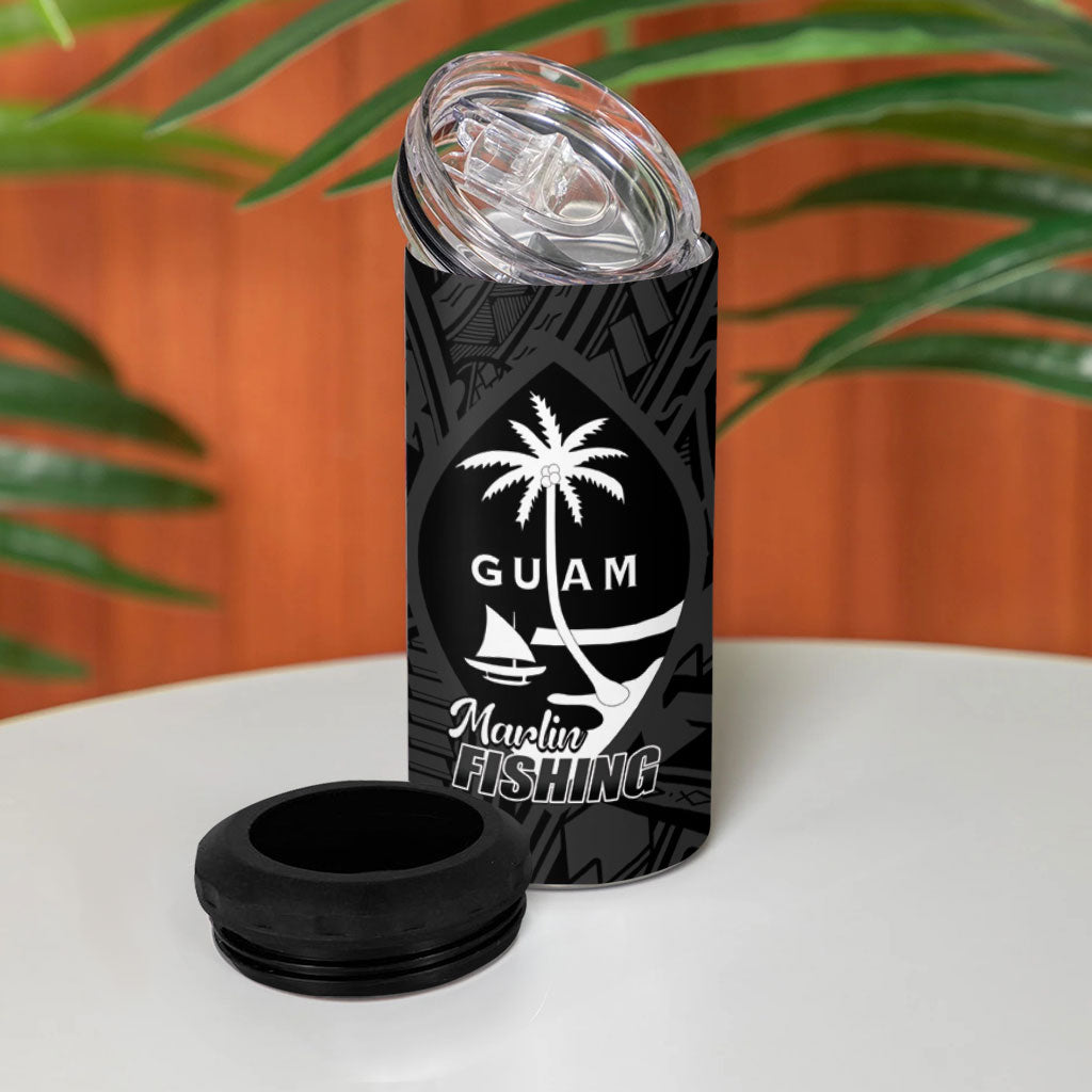 Guam Blue Marlin Fishing 4 in 1 Can Cooler Tumbler Guahan Fish Hook Tattoo Black Version