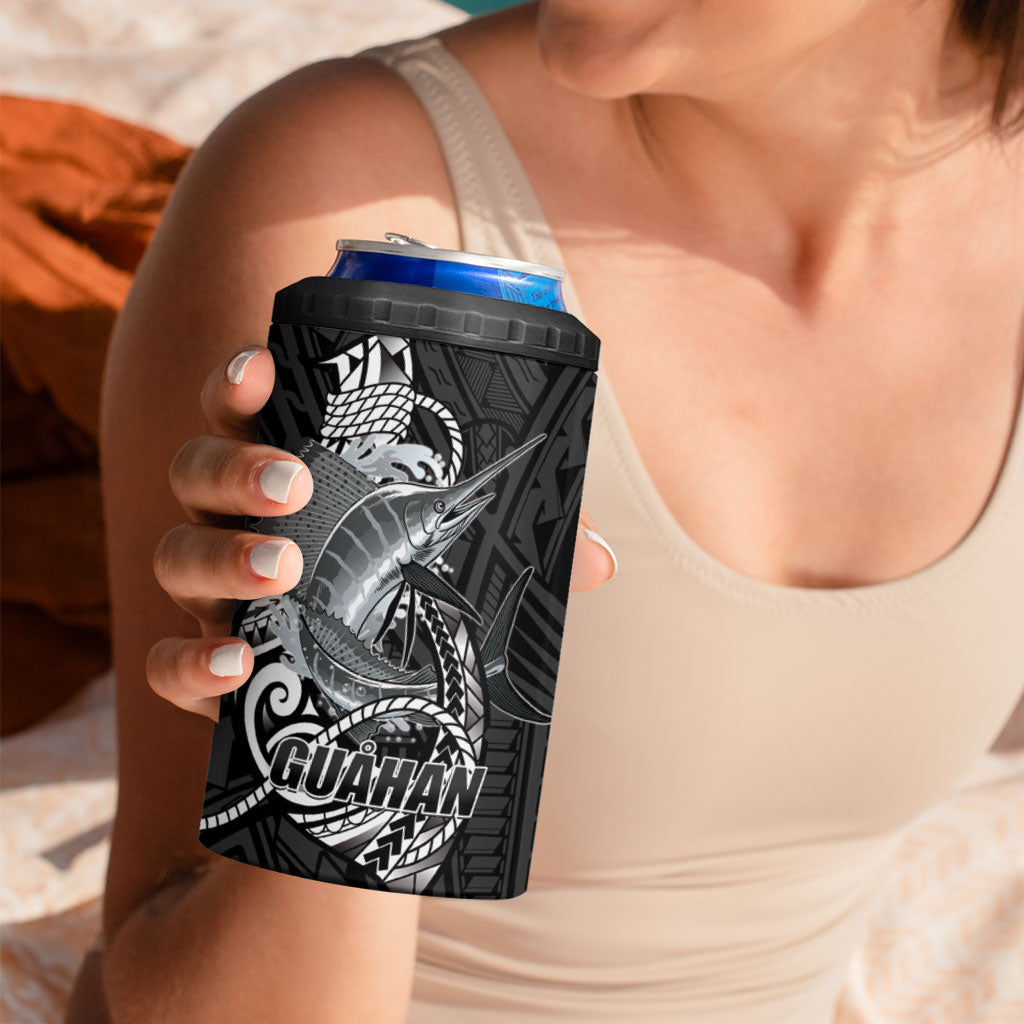 Guam Blue Marlin Fishing 4 in 1 Can Cooler Tumbler Guahan Fish Hook Tattoo Black Version