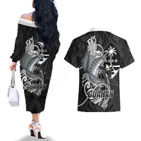 Guam Blue Marlin Fishing Couples Matching Off The Shoulder Long Sleeve Dress and Hawaiian Shirt Guahan Fish Hook Tattoo Black Version LT14 - Polynesian Pride