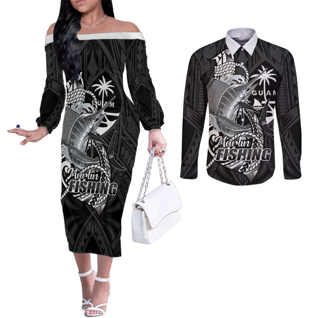 Guam Blue Marlin Fishing Couples Matching Off The Shoulder Long Sleeve Dress and Long Sleeve Button Shirt Guahan Fish Hook Tattoo Black Version