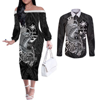 Guam Blue Marlin Fishing Couples Matching Off The Shoulder Long Sleeve Dress and Long Sleeve Button Shirt Guahan Fish Hook Tattoo Black Version