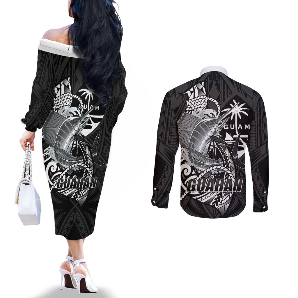 Guam Blue Marlin Fishing Couples Matching Off The Shoulder Long Sleeve Dress and Long Sleeve Button Shirt Guahan Fish Hook Tattoo Black Version