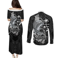 Guam Blue Marlin Fishing Couples Matching Puletasi and Long Sleeve Button Shirt Guahan Fish Hook Tattoo Black Version