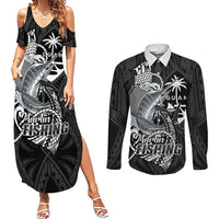 Guam Blue Marlin Fishing Couples Matching Summer Maxi Dress and Long Sleeve Button Shirt Guahan Fish Hook Tattoo Black Version