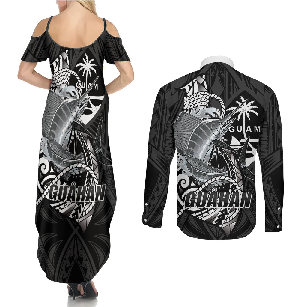 Guam Blue Marlin Fishing Couples Matching Summer Maxi Dress and Long Sleeve Button Shirt Guahan Fish Hook Tattoo Black Version