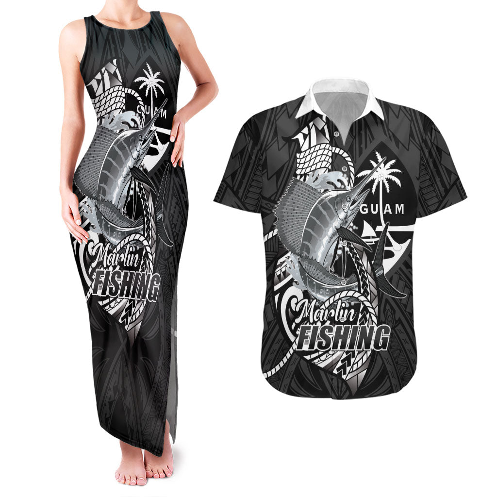 Guam Blue Marlin Fishing Couples Matching Tank Maxi Dress and Hawaiian Shirt Guahan Fish Hook Tattoo Black Version