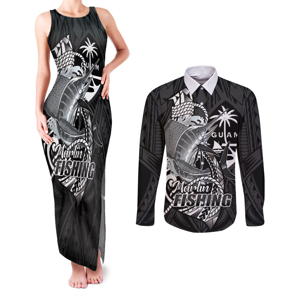 Guam Blue Marlin Fishing Couples Matching Tank Maxi Dress and Long Sleeve Button Shirt Guahan Fish Hook Tattoo Black Version