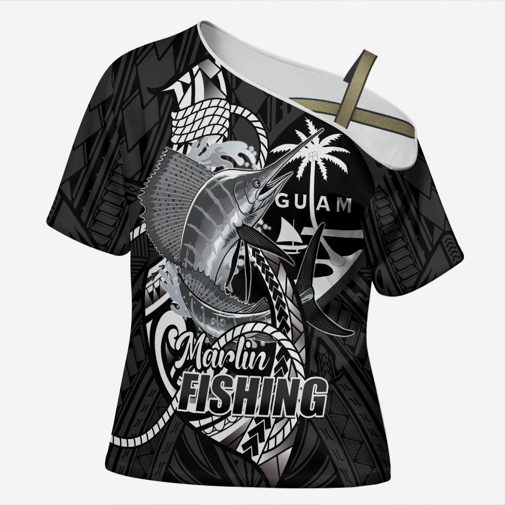 Guam Blue Marlin Fishing Cross Shoulder Shirt Guahan Fish Hook Tattoo Black Version LT14 Female Black - Polynesian Pride