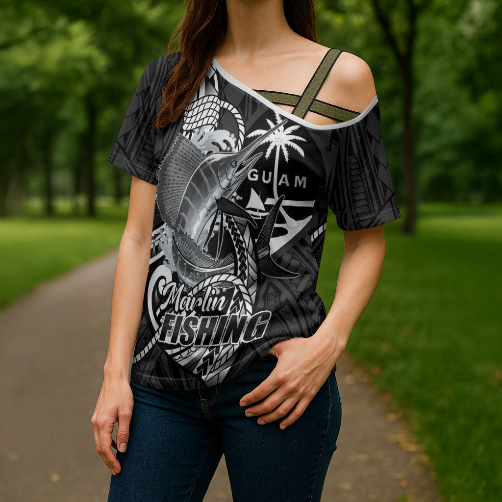 Guam Blue Marlin Fishing Cross Shoulder Shirt Guahan Fish Hook Tattoo Black Version LT14 - Polynesian Pride