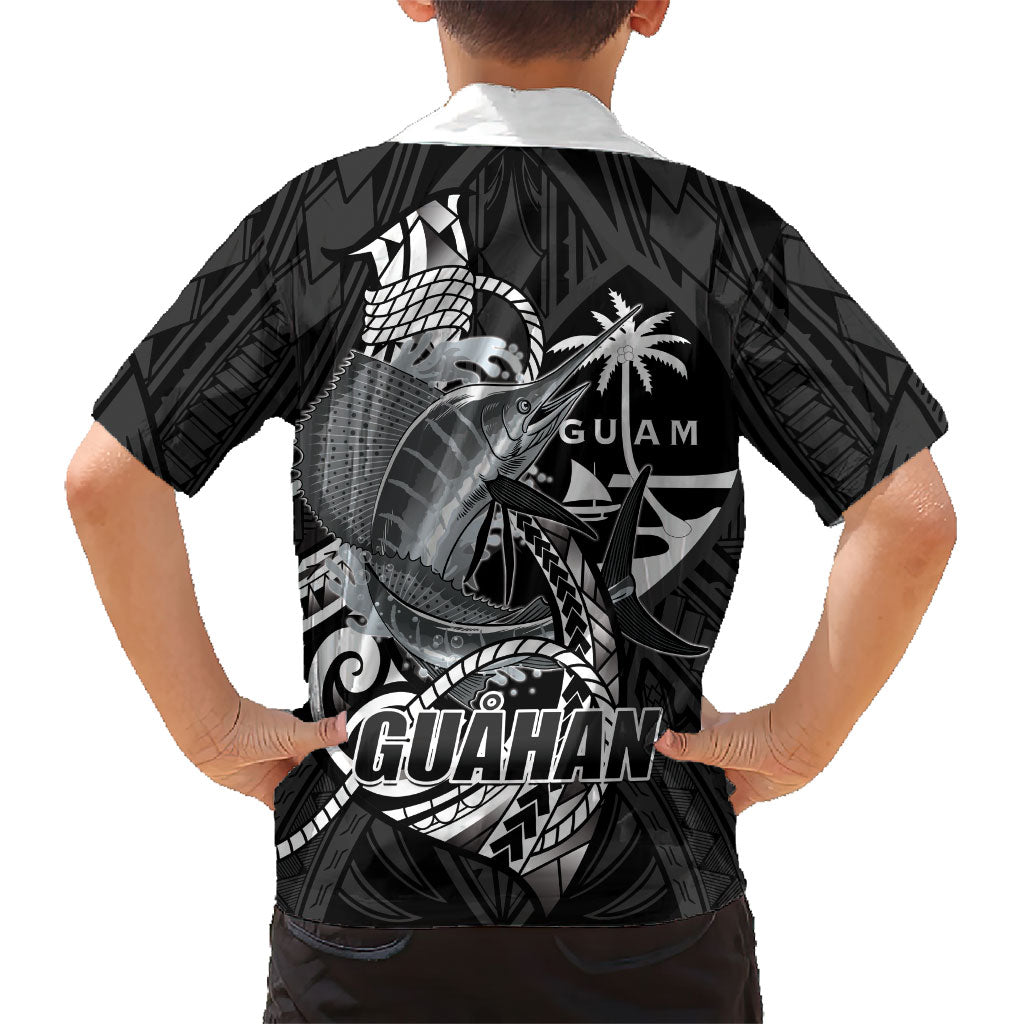 Guam Blue Marlin Fishing Family Matching Off The Shoulder Long Sleeve Dress and Hawaiian Shirt Guahan Fish Hook Tattoo Black Version