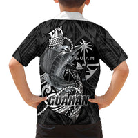 Guam Blue Marlin Fishing Family Matching Off The Shoulder Long Sleeve Dress and Hawaiian Shirt Guahan Fish Hook Tattoo Black Version