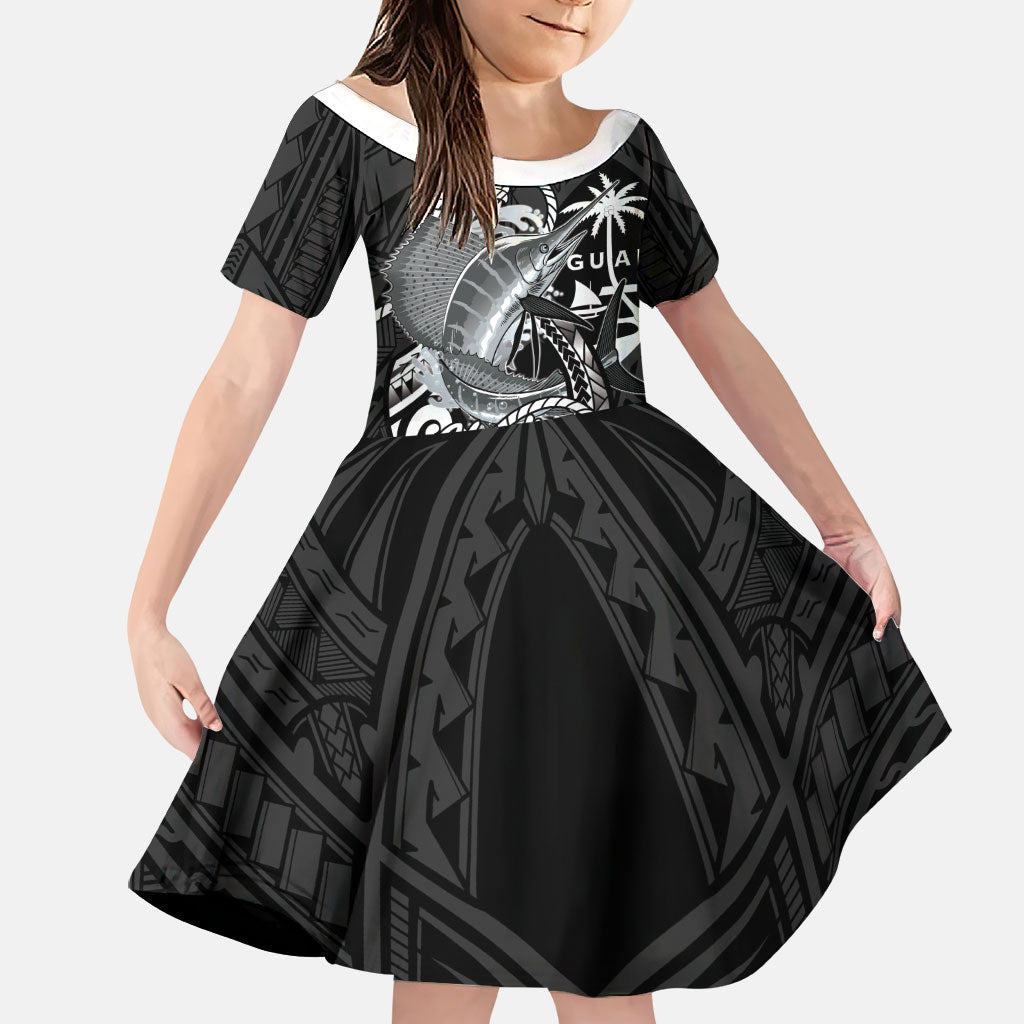 Guam Blue Marlin Fishing Family Matching Off The Shoulder Long Sleeve Dress and Hawaiian Shirt Guahan Fish Hook Tattoo Black Version