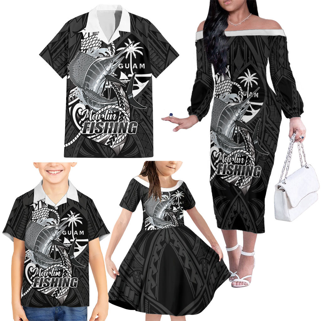 Guam Blue Marlin Fishing Family Matching Off The Shoulder Long Sleeve Dress and Hawaiian Shirt Guahan Fish Hook Tattoo Black Version