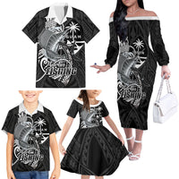 Guam Blue Marlin Fishing Family Matching Off The Shoulder Long Sleeve Dress and Hawaiian Shirt Guahan Fish Hook Tattoo Black Version