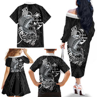 Guam Blue Marlin Fishing Family Matching Off The Shoulder Long Sleeve Dress and Hawaiian Shirt Guahan Fish Hook Tattoo Black Version