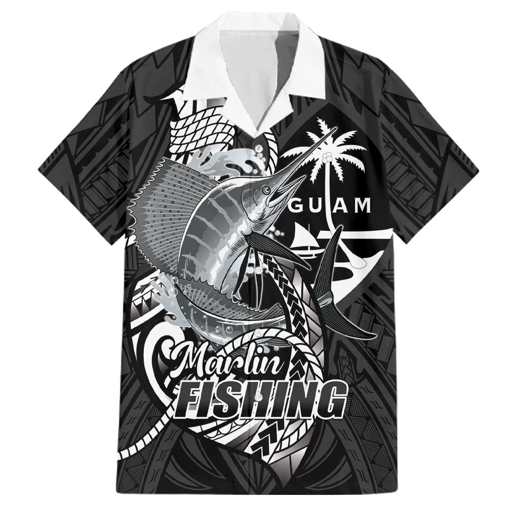 Guam Blue Marlin Fishing Family Matching Off The Shoulder Long Sleeve Dress and Hawaiian Shirt Guahan Fish Hook Tattoo Black Version