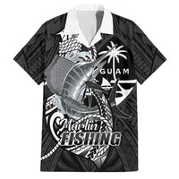 Guam Blue Marlin Fishing Family Matching Off The Shoulder Long Sleeve Dress and Hawaiian Shirt Guahan Fish Hook Tattoo Black Version