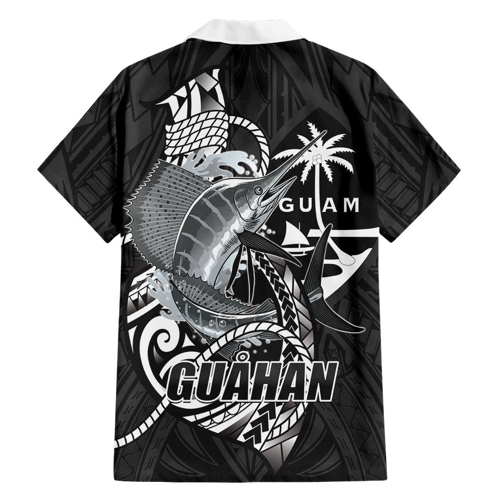 Guam Blue Marlin Fishing Family Matching Off The Shoulder Long Sleeve Dress and Hawaiian Shirt Guahan Fish Hook Tattoo Black Version