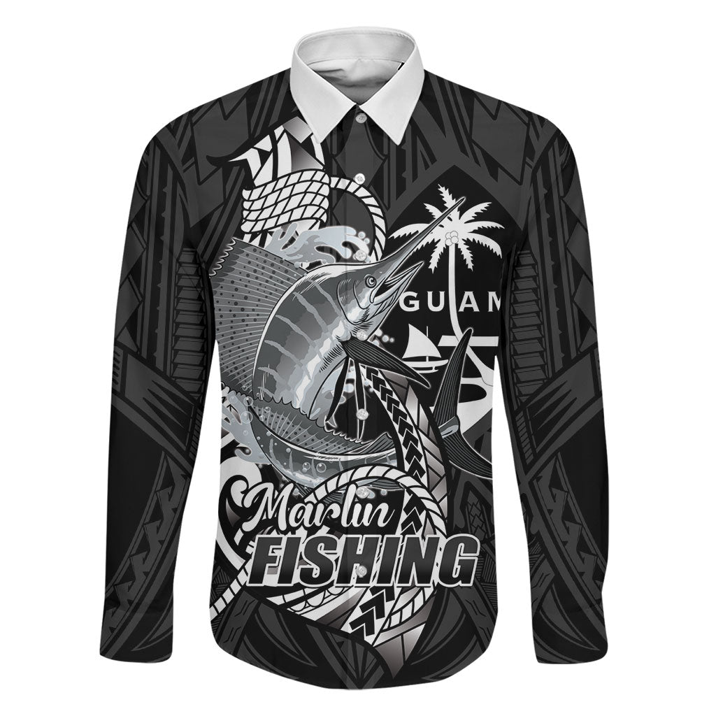 Guam Blue Marlin Fishing Family Matching Off The Shoulder Long Sleeve Dress and Hawaiian Shirt Guahan Fish Hook Tattoo Black Version