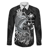 Guam Blue Marlin Fishing Family Matching Off The Shoulder Long Sleeve Dress and Hawaiian Shirt Guahan Fish Hook Tattoo Black Version