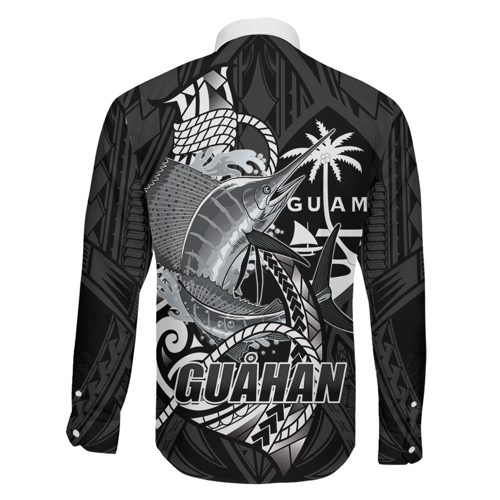 Guam Blue Marlin Fishing Family Matching Off The Shoulder Long Sleeve Dress and Hawaiian Shirt Guahan Fish Hook Tattoo Black Version