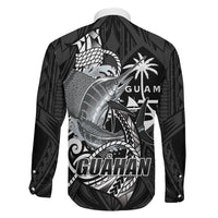 Guam Blue Marlin Fishing Family Matching Off The Shoulder Long Sleeve Dress and Hawaiian Shirt Guahan Fish Hook Tattoo Black Version