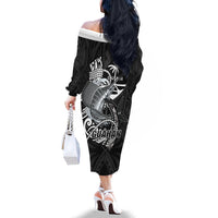 Guam Blue Marlin Fishing Family Matching Off The Shoulder Long Sleeve Dress and Hawaiian Shirt Guahan Fish Hook Tattoo Black Version