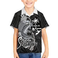 Guam Blue Marlin Fishing Family Matching Off The Shoulder Long Sleeve Dress and Hawaiian Shirt Guahan Fish Hook Tattoo Black Version