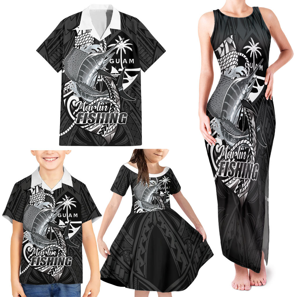 Guam Blue Marlin Fishing Family Matching Tank Maxi Dress and Hawaiian Shirt Guahan Fish Hook Tattoo Black Version