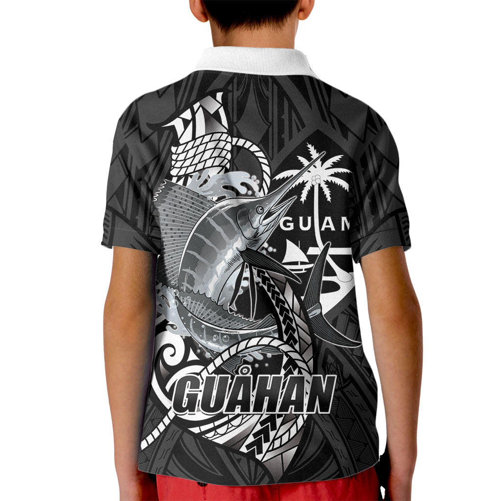 Guam Blue Marlin Fishing Kid Polo Shirt Guahan Fish Hook Tattoo Black Version LT14 - Polynesian Pride