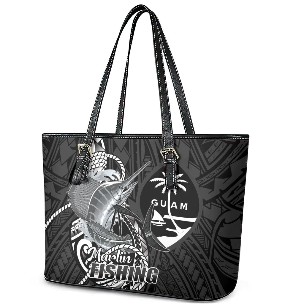 Guam Blue Marlin Fishing Leather Tote Bag Guahan Fish Hook Tattoo Black Version LT14 - Polynesian Pride