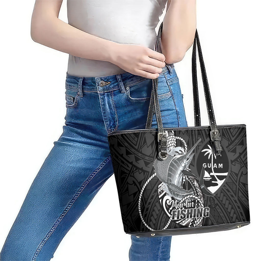 Guam Blue Marlin Fishing Leather Tote Bag Guahan Fish Hook Tattoo Black Version LT14 - Polynesian Pride