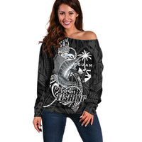 Guam Blue Marlin Fishing Off Shoulder Sweater Guahan Fish Hook Tattoo Black Version