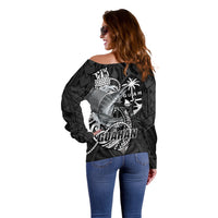 Guam Blue Marlin Fishing Off Shoulder Sweater Guahan Fish Hook Tattoo Black Version