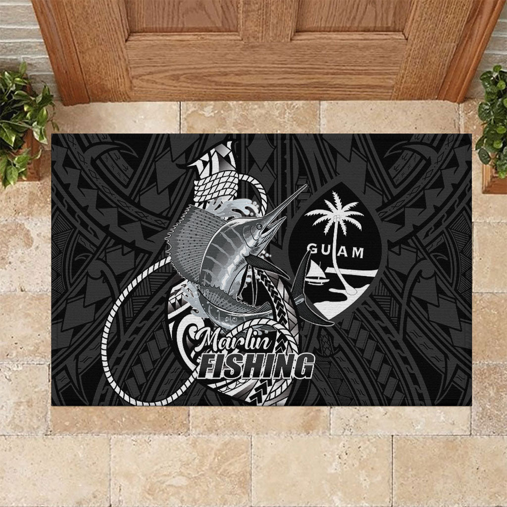 Guam Blue Marlin Fishing Rubber Doormat Guahan Fish Hook Tattoo Black Version