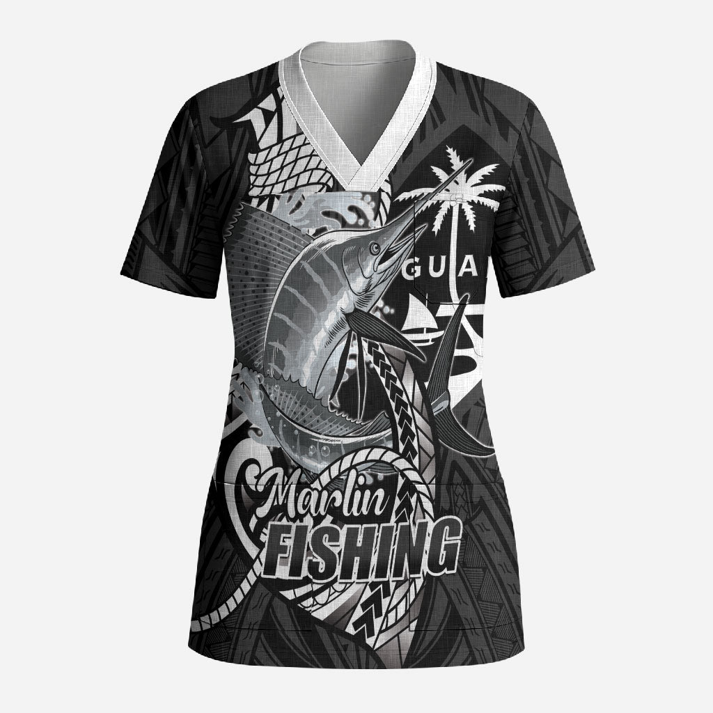 Guam Blue Marlin Fishing Scrub Top Guahan Fish Hook Tattoo Black Version
