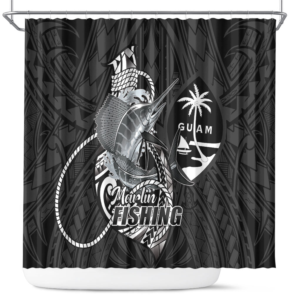 Guam Blue Marlin Fishing Shower Curtain Guahan Fish Hook Tattoo Black Version