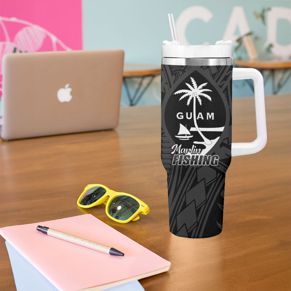 Guam Blue Marlin Fishing Tumbler With Handle Guahan Fish Hook Tattoo Black Version LT14 - Polynesian Pride