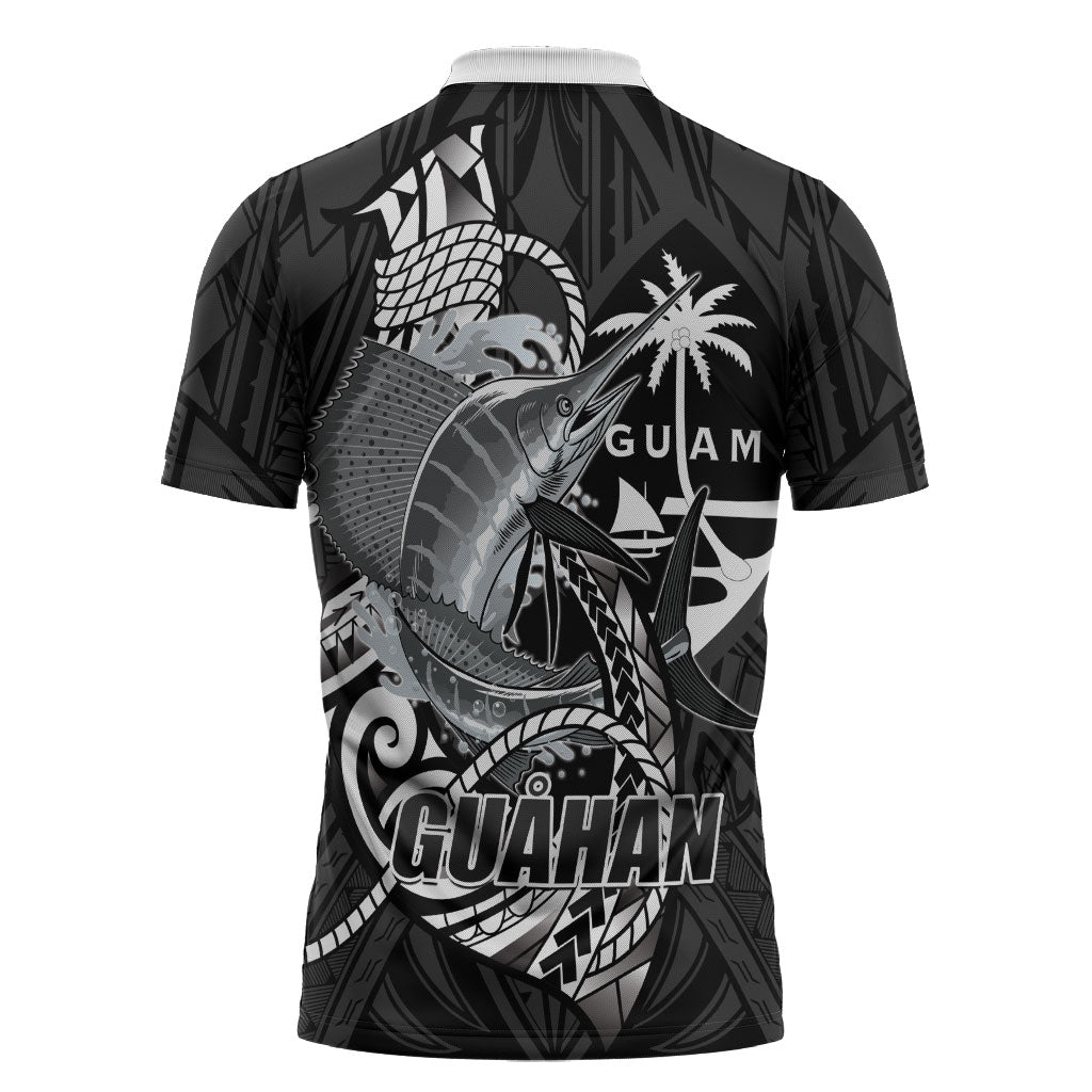 Guam Blue Marlin Fishing Zipper Polo Shirt Guahan Fish Hook Tattoo Black Version LT14 - Polynesian Pride