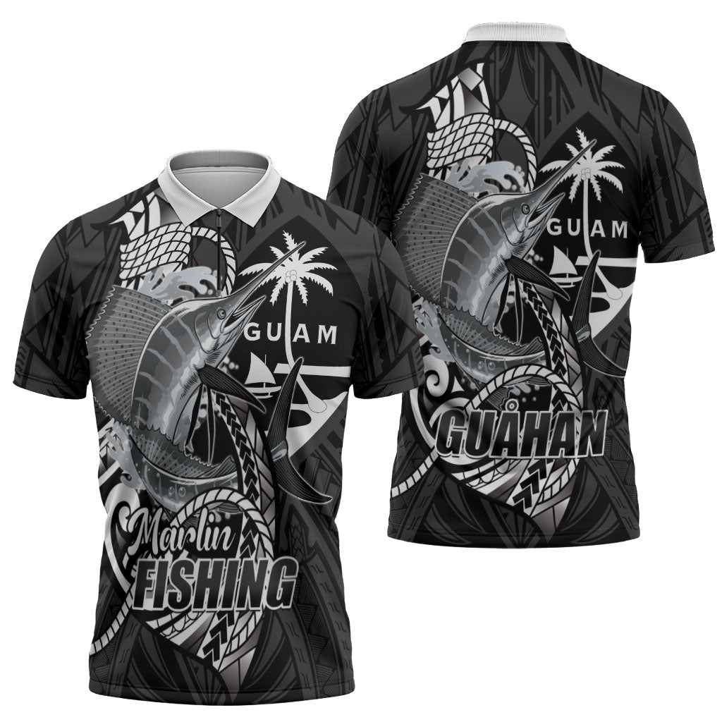 Guam Blue Marlin Fishing Zipper Polo Shirt Guahan Fish Hook Tattoo Black Version LT14 - Polynesian Pride