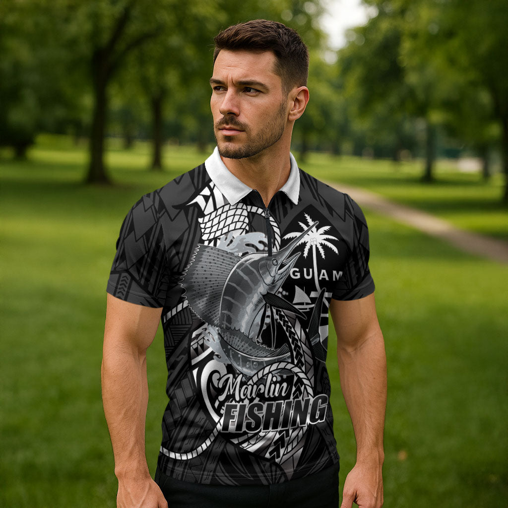 Guam Blue Marlin Fishing Zipper Polo Shirt Guahan Fish Hook Tattoo Black Version LT14 - Polynesian Pride