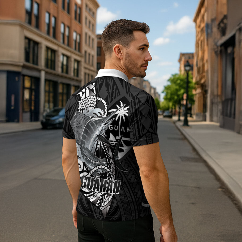 Guam Blue Marlin Fishing Zipper Polo Shirt Guahan Fish Hook Tattoo Black Version LT14 - Polynesian Pride