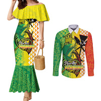 Hawaii Blue Marlin Fishing Couples Matching Mermaid Dress and Long Sleeve Button Shirt Hawaiian Kanaka Kakau Reggae