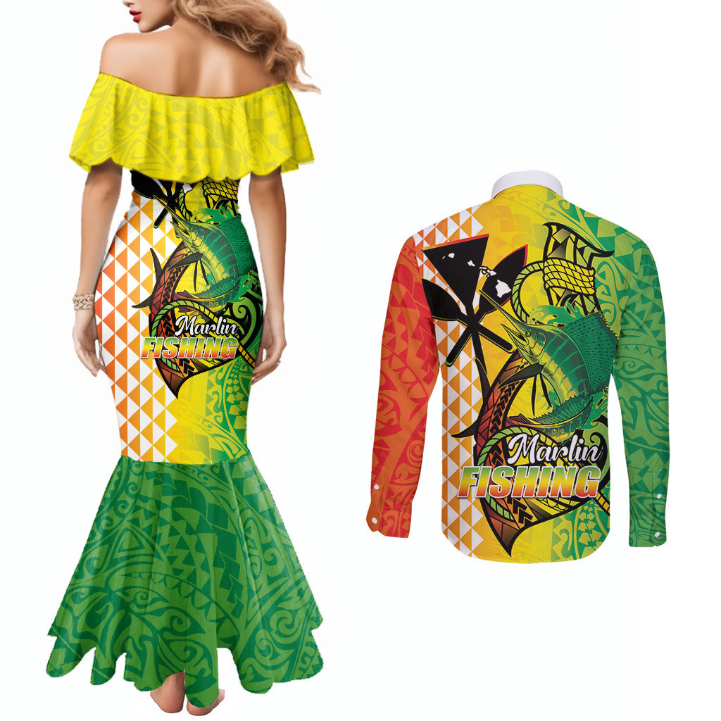 Hawaii Blue Marlin Fishing Couples Matching Mermaid Dress and Long Sleeve Button Shirt Hawaiian Kanaka Kakau Reggae